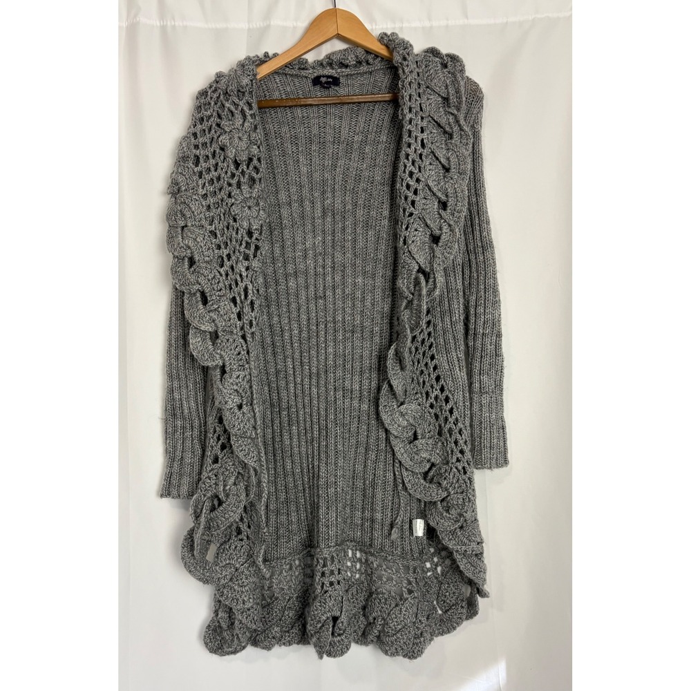 Grey Wool Blend Crochet Boho Ruffle Trim Open Front Longline Cardigan Large
